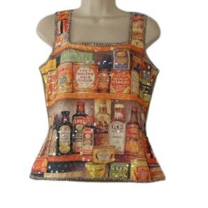Vintage Linda Segal Womens Art To Wear Crop Tank Old Time Grocery Sequined JR XL